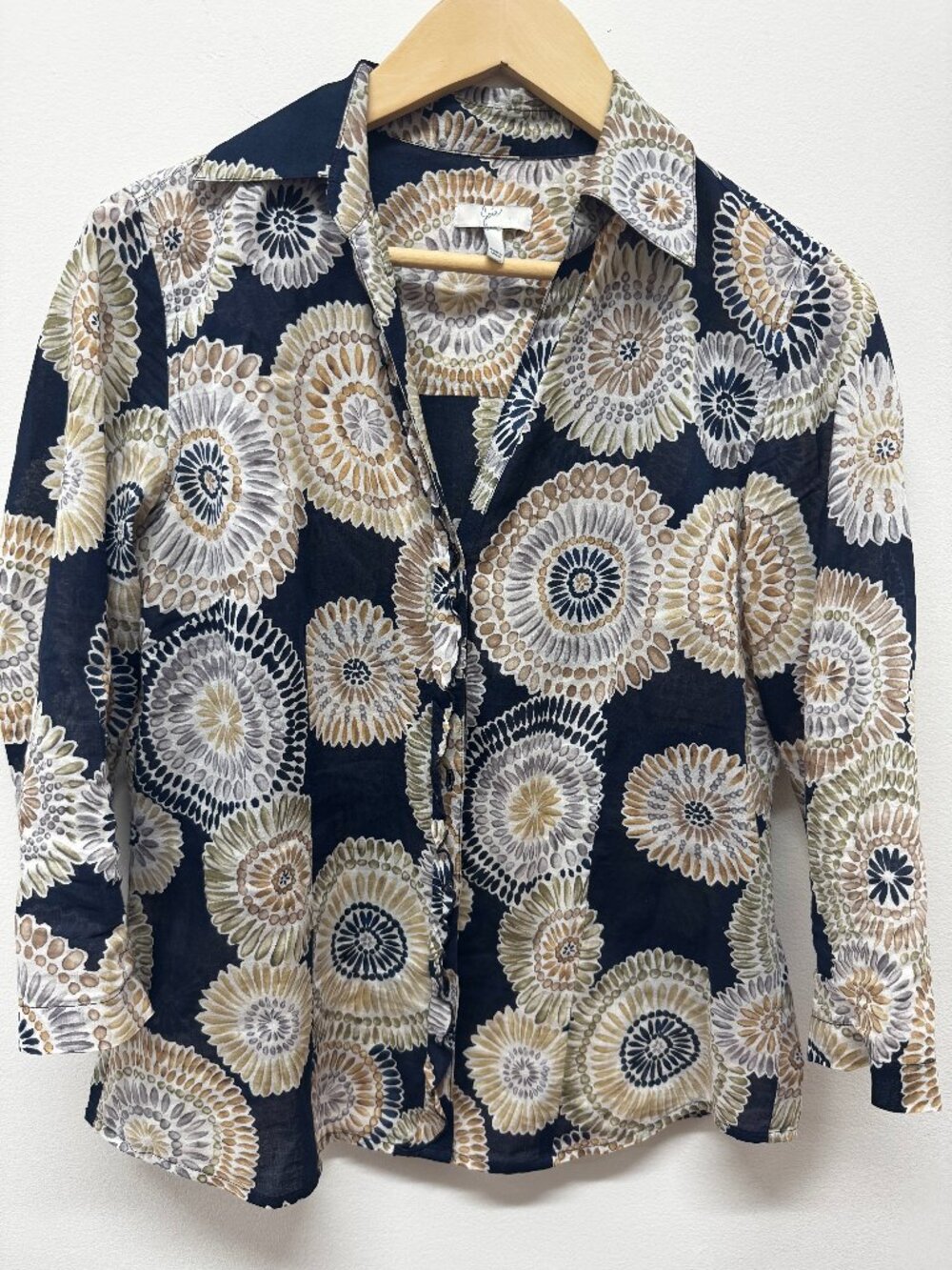 Joie 100% Cotton Tunic Shirt Button Up Top Blue Beige Sheer Floral Print - M